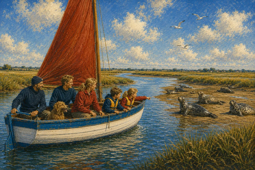 With sails set they slipped out into the winding creeks of the salt marsh, where grey seals watched them pass.