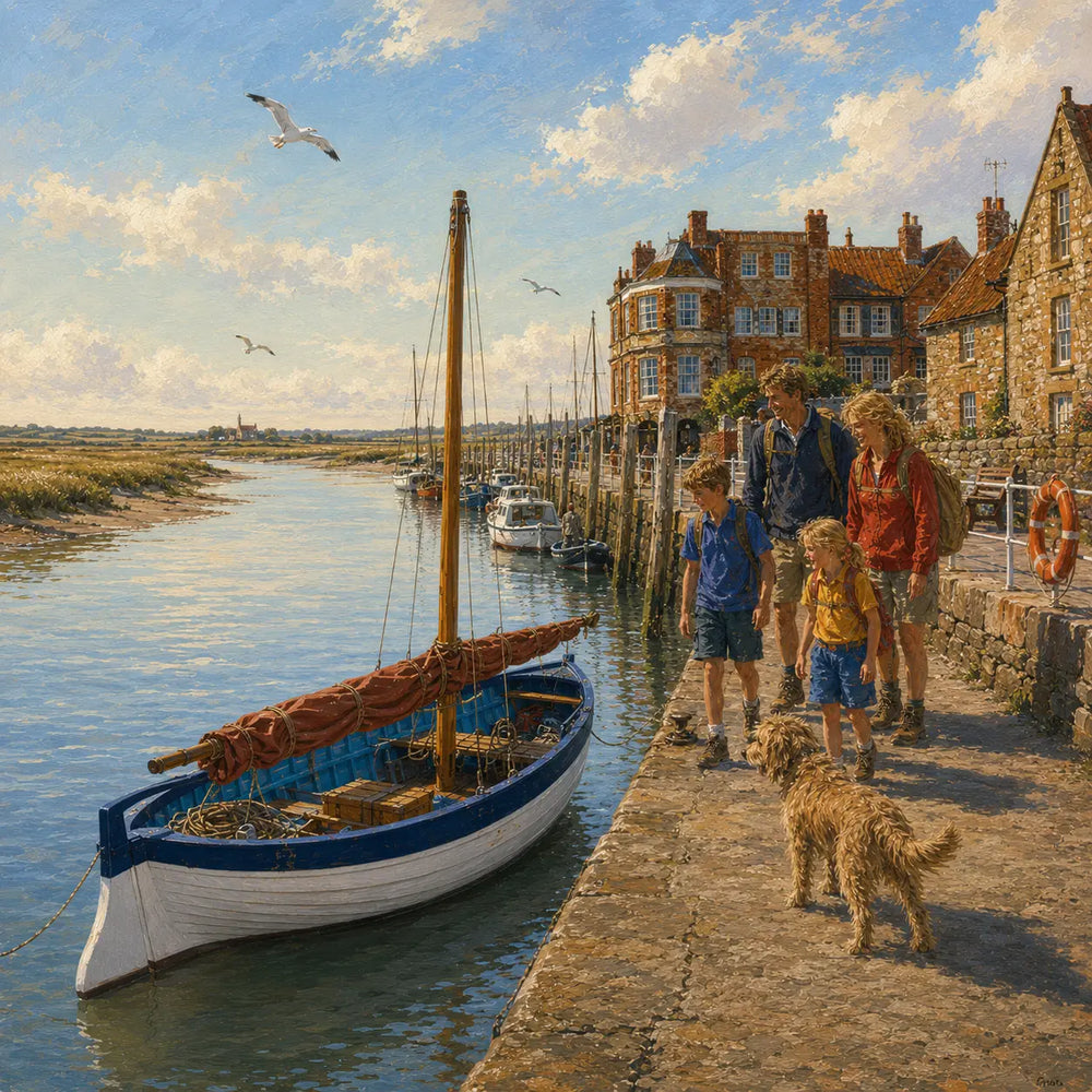 Early morning the family arrives at Blakeney Quay, kit bags packed and ready for the adventure ahead.