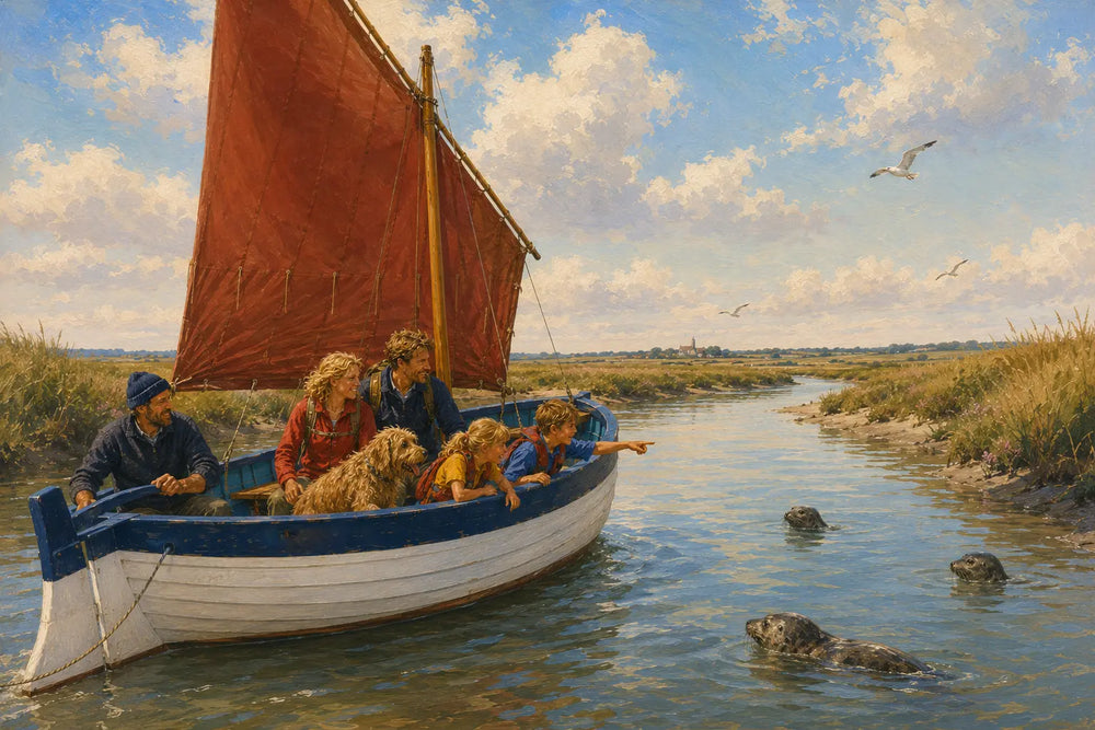 With sails set they slip out into the winding creeks of the salt marsh, where grey seals watch them pass.