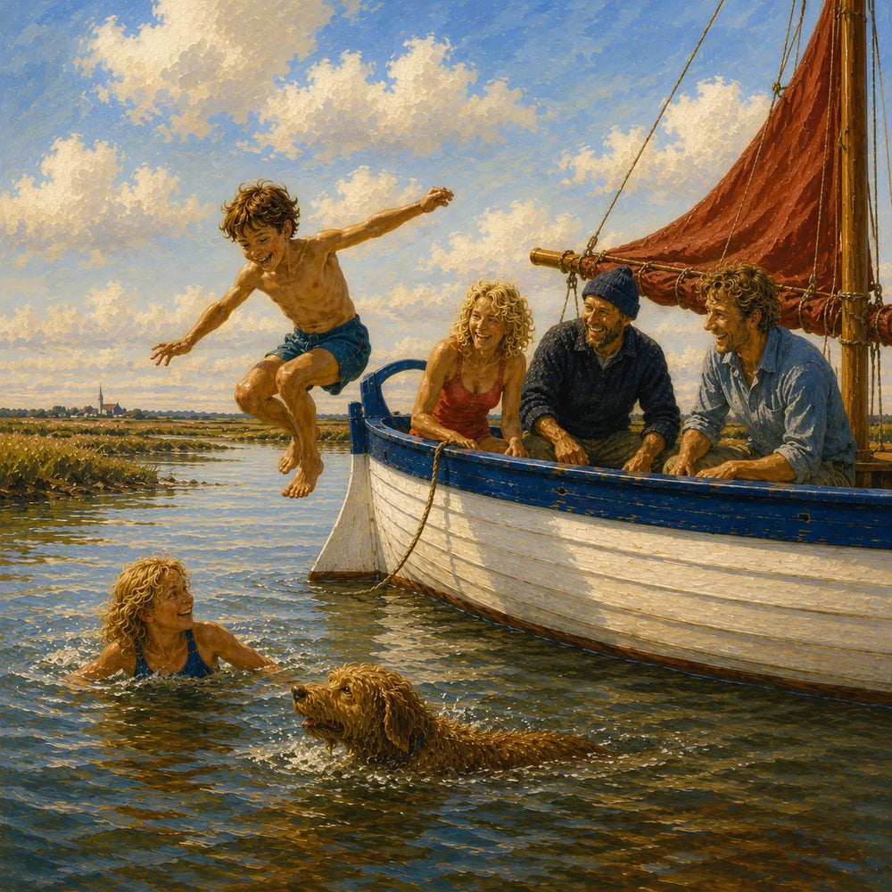 The children, brave as anything, plunge from the gunwale into the cool tidal water.
